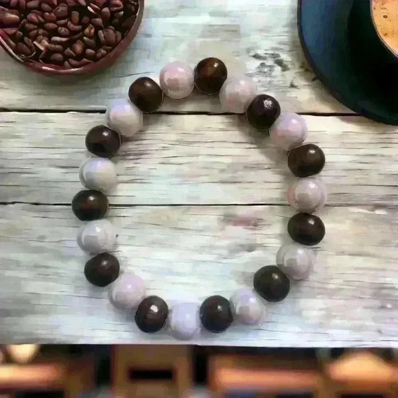 Handmade Stretch Beaded Bracelet Pink and Brown Unisex - Picture 1 of 2